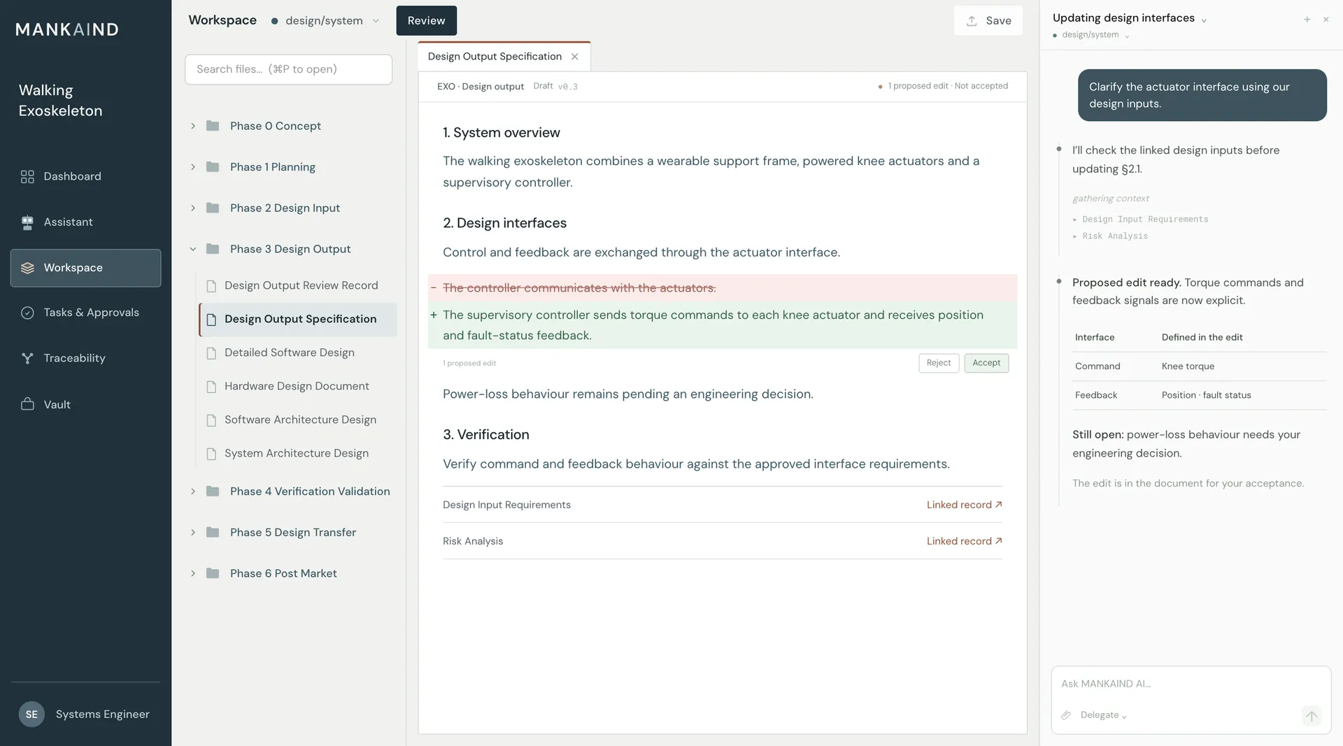 Illustrative MANKAIND Workspace. Design Output Specification with an AI-proposed edit: deleted text in red and added text in green, awaiting human acceptance. Desktop shows programme navigation, the document and AI assistance together.