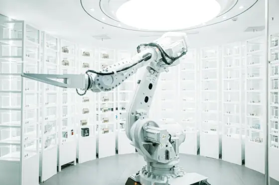 Industrial robotic arm surrounded by storage shelves